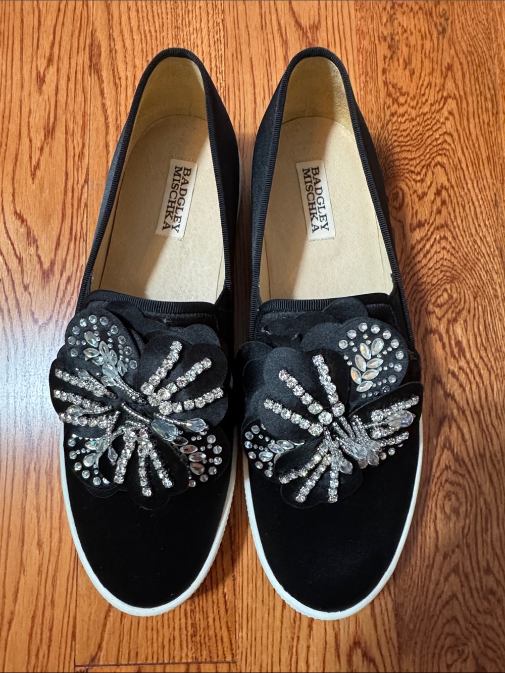 Badgley Mischka Black Satin Crystal Flower Slip-On Flats